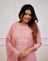 PRAGATI PINK COLOURED WOMEN'S RAYON SLUB EMBROIDERED KURTA WITH PANT DUPATTA SET