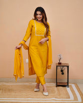 PRAGATI YELLOW COLOURED WOMEN'S RAYON SLUB EMBROIDERED KURTA WITH PANT DUPATTA SET