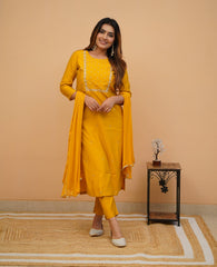 PRAGATI YELLOW COLOURED WOMEN'S RAYON SLUB EMBROIDERED KURTA WITH PANT DUPATTA SET