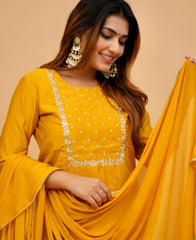 PRAGATI YELLOW COLOURED WOMEN'S RAYON SLUB EMBROIDERED KURTA WITH PANT DUPATTA SET