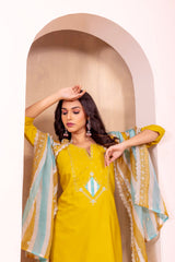 YELLOW COLOURED WOMEN'S ROMAN SILK EMBROIDERED KURTA WITH PANT DUPATTA SET SET