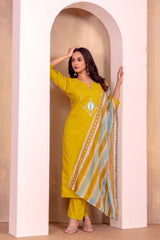 YELLOW COLOURED WOMEN'S ROMAN SILK EMBROIDERED KURTA WITH PANT DUPATTA SET SET