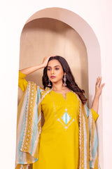 YELLOW COLOURED WOMEN'S ROMAN SILK EMBROIDERED KURTA WITH PANT DUPATTA SET SET