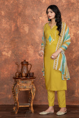 YELLOW COLOURED WOMEN'S ROMAN SILK EMBROIDERED KURTA WITH PANT DUPATTA SET SET