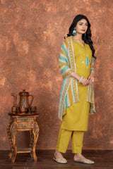 YELLOW COLOURED WOMEN'S ROMAN SILK EMBROIDERED KURTA WITH PANT DUPATTA SET SET