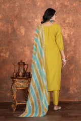 YELLOW COLOURED WOMEN'S ROMAN SILK EMBROIDERED KURTA WITH PANT DUPATTA SET SET