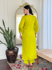 YELLOW GREEN COLOURED WOMEN'S VISCOSE CHANDERI EMBROIDERED KURTA WITH PANT DUPATTA SET