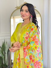 YELLOW GREEN COLOURED WOMEN'S VISCOSE CHANDERI EMBROIDERED KURTA WITH PANT DUPATTA SET