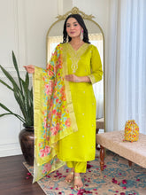 YELLOW GREEN COLOURED WOMEN'S VISCOSE CHANDERI EMBROIDERED KURTA WITH PANT DUPATTA SET