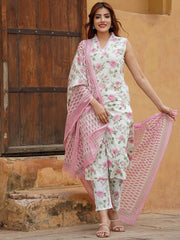 DAMINI PINK COLOURED WOMEN'S COTTON SLUB KURTA WITH PANT DUPATTA SET