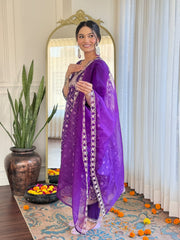 RAAVEE COLOURED WOMEN'S CHANDERI SILK EMBROIDERED KURTA WITH PANT DUPATTA SET