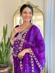 RAAVEE COLOURED WOMEN'S CHANDERI SILK EMBROIDERED KURTA WITH PANT DUPATTA SET