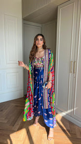 Embelished Indica Dhoti Skirt Paired With Embriodered Bralette & Cape