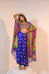 Embelished Indica Dhoti Skirt Paired With Embriodered Bralette & Cape