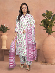 PINK COLOURED WOMEN'S COTTON SLUB KURTA WITH PANT DUPATTA SET