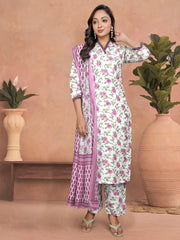 PINK COLOURED WOMEN'S COTTON SLUB KURTA WITH PANT DUPATTA SET