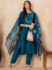 TEAL COLOURED WOMEN'S VISCOSE CHANDERI EMBROIDERED KURTA WITH PANT DUPATTA SET