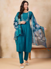 TEAL COLOURED WOMEN'S VISCOSE CHANDERI EMBROIDERED KURTA WITH PANT DUPATTA SET