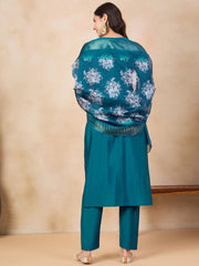 TEAL COLOURED WOMEN'S VISCOSE CHANDERI EMBROIDERED KURTA WITH PANT DUPATTA SET
