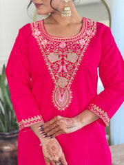 REVA PINK COLOURED WOMEN'S VISCOSE BLEND REYON EMBROIDERED KURTA WITH PANT DUPATTA SET