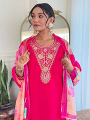 REVA PINK COLOURED WOMEN'S VISCOSE BLEND REYON EMBROIDERED KURTA WITH PANT DUPATTA SET