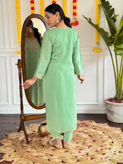 PISTA GREEN COLOURED WOMEN'S VISCOSE CHANDERI EMBROIDERED KURTA WITH PANT DUPATTA SET