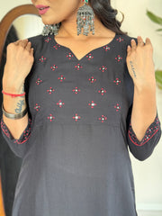 BLACK COLOURED WOMEN'S REYON SLUB EMBROIDERED KURTA WITH PANT DUPATTA SET