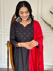 BLACK COLOURED WOMEN'S REYON SLUB EMBROIDERED KURTA WITH PANT DUPATTA SET