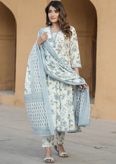 KAMINI WHITE COLOURED WOMEN'S COTTON SLUB KURTA WITH PANT DUPATTA SET