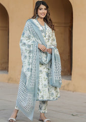 KAMINI WHITE COLOURED WOMEN'S COTTON SLUB KURTA WITH PANT DUPATTA SET