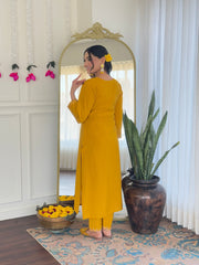 YELLOW COLOURED WOMEN'S CHANDERI SILK KURTA WITH PANT DUPATTA SET