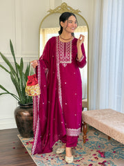 RED PINK COLOURED WOMEN'S CP VICHITRA EMBROIDERED STRAIGHT KURTA WITH PANT DUPATTA SET