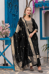 Black Jacquard Silk Kurta Set with Heavy Silk Bottom & Dupatta | Readymade Indian Suit | Size S–XXL | Elegant Party Wear for Women in Malaysia