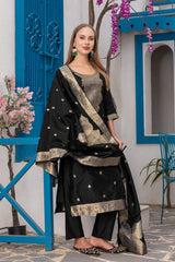Black Jacquard Silk Kurta Set with Heavy Silk Bottom & Dupatta | Readymade Indian Suit | Size S–XXL | Elegant Party Wear for Women in Malaysia
