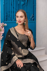 Black Jacquard Silk Kurta Set with Heavy Silk Bottom & Dupatta | Readymade Indian Suit | Size S–XXL | Elegant Party Wear for Women in Malaysia