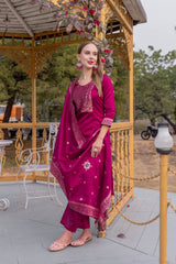 Sadgi Cherry Soft Silk Kurta Set with Bottom & Jacquard Dupatta | Elegant Jacquard Work | Festive & Party Wear – Malaysia