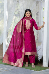 Sandhya Cherry Soft Silk Kurta Set with Polyester Bottom & Jacquard Dupatta | Stylish Festive & Party Wear – Malaysia