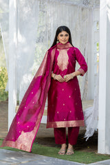 Sandhya Cherry Soft Silk Kurta Set with Polyester Bottom & Jacquard Dupatta | Stylish Festive & Party Wear – Malaysia
