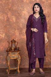 DARK WINE COLOURED WOMEN'S ROMAN SILK EMBROIDERED KURTA WITH PANT DUPATTA SET