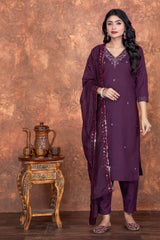 DARK WINE COLOURED WOMEN'S ROMAN SILK EMBROIDERED KURTA WITH PANT DUPATTA SET