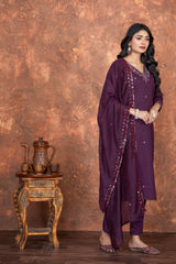 DARK WINE COLOURED WOMEN'S ROMAN SILK EMBROIDERED KURTA WITH PANT DUPATTA SET