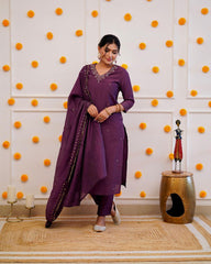 DARK WINE COLOURED WOMEN'S ROMAN SILK EMBROIDERED KURTA WITH PANT DUPATTA SET