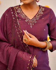 DARK WINE COLOURED WOMEN'S ROMAN SILK EMBROIDERED KURTA WITH PANT DUPATTA SET
