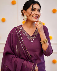 DARK WINE COLOURED WOMEN'S ROMAN SILK EMBROIDERED KURTA WITH PANT DUPATTA SET