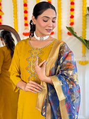 YELLOW COLOURED WOMEN'S VISCOSE CHANDERI EMBROIDERED KURTA WITH PANT DUPATTA SET