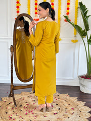 YELLOW COLOURED WOMEN'S VISCOSE CHANDERI EMBROIDERED KURTA WITH PANT DUPATTA SET