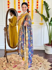 YELLOW COLOURED WOMEN'S VISCOSE CHANDERI EMBROIDERED KURTA WITH PANT DUPATTA SET
