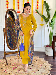 YELLOW COLOURED WOMEN'S VISCOSE CHANDERI EMBROIDERED KURTA WITH PANT DUPATTA SET