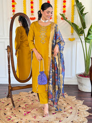 YELLOW COLOURED WOMEN'S VISCOSE CHANDERI EMBROIDERED KURTA WITH PANT DUPATTA SET
