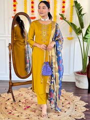 YELLOW COLOURED WOMEN'S VISCOSE CHANDERI EMBROIDERED KURTA WITH PANT DUPATTA SET